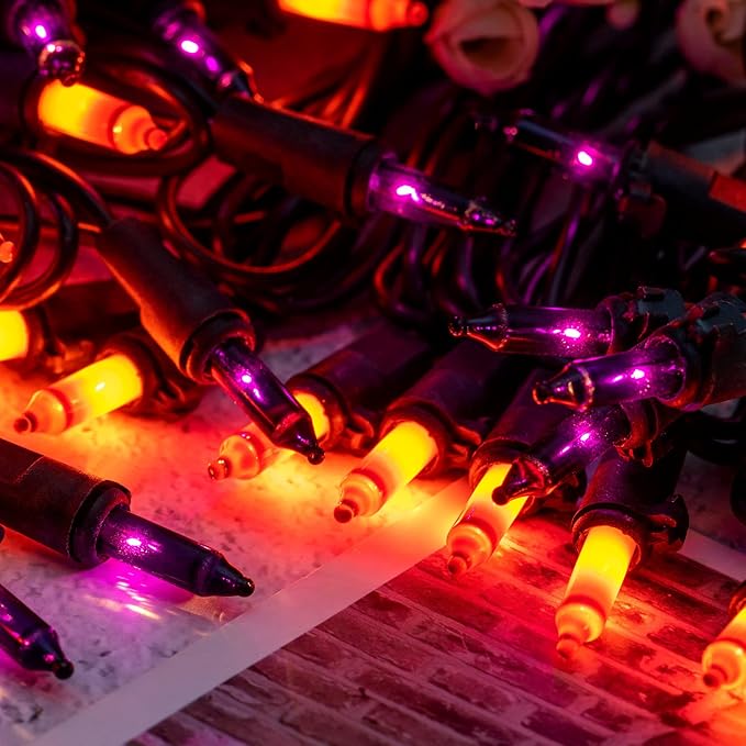 YULETIME 200 Orange & Purple Christmas Lights, Pack of 2 Strands of 21 ft 100 Count UL Certified Incandescent Mini String Light (Orange & Purple - Black Wire)