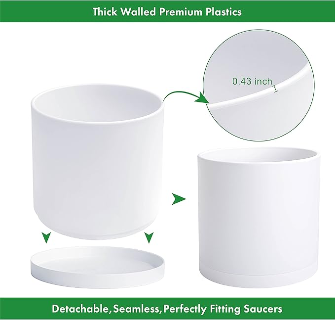 D'vine Dev 2 Pack 14 Inch Modern Plastic Plant Pots, Small Garden Planters for Plant with Drainage Holes and Saucers, White Color, 74-Z-Q-1