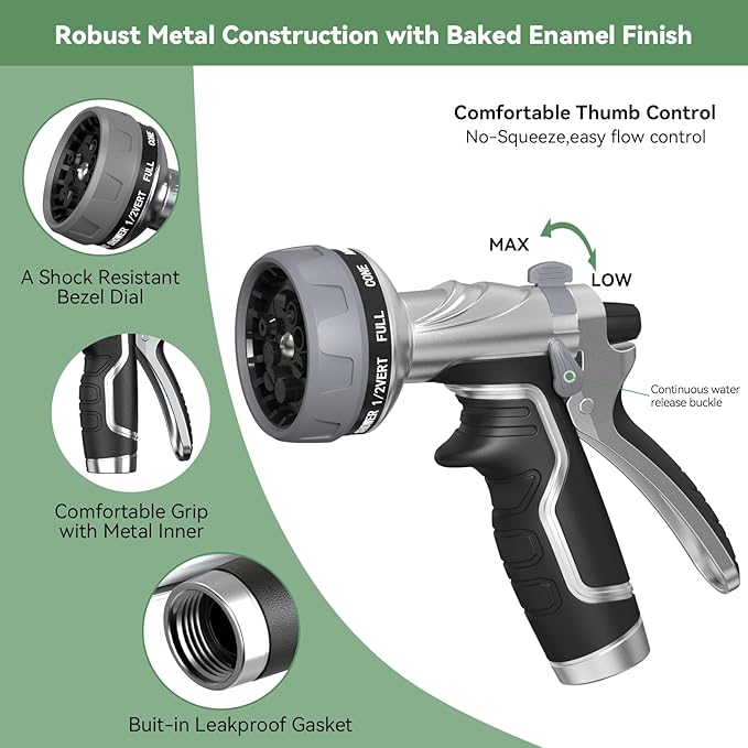 Garden Hose Nozzle, Heavy Duty Metal Water Hose Nozzle with 8 Adjustable Spray Patterns, High Pressure Hand Sprayer with Flow Control for for Garden Watering, Car & Pet Washing