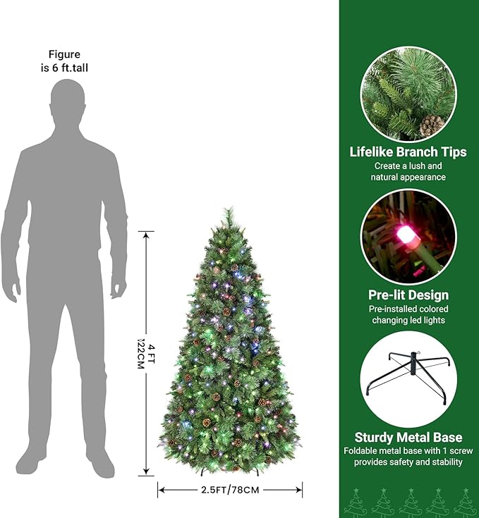 SHareconn 4ft Prelit Artificial Hinged Christmas Pine Tree with Remote Control, Upgraded Version with Pre-Lit 180 Led Color Changing RGB Lights, Pine Cones, Perfect Choice for Xmas Decoration, 4 FT