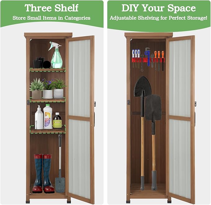 62" H Tall Narrow Outdoor Storage Cabinet with Metal Top, Outdoor Shed Storage Unit Waterproof with Adjustable Shelves for Garden, Patio, Living Room, or Entryway Storage, Black