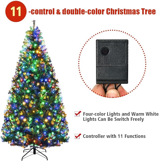 HAPPYGRILL 7FT Pre-lit Artificial Christmas Tree with 500 LED Lights, 1570 PVC Branch Tips and Foldable Base, Premium Spruce Tree Hinged Xmas Tree with 11 Color Modes for Holiday Decor