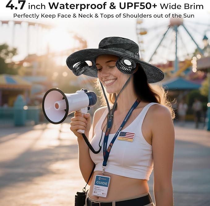 AMACOOL 2-in-1 Hands-Free Hat Fan with Detachable Neck Fan, UPF 50+ Wide Brim Sun Hat, 3-Speed Adjustable, 2600mAh Rechargeable Fishing Essentials for Men Women Camping Travel Delivery Outdoor-Camo