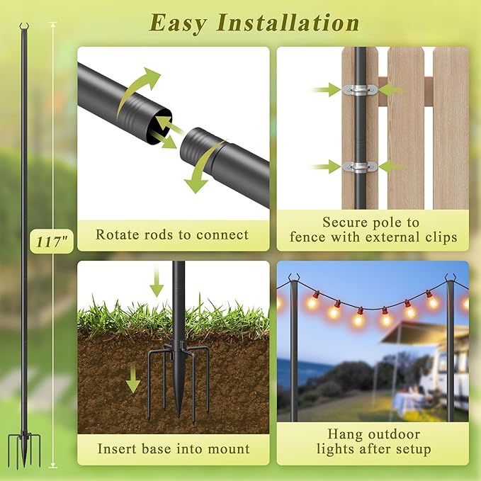 6 Pack String Light Poles for Outside, 10Ft Adjustable Outdoor Light Poles for String Lights, Outdoor Lighting Stand with Fork for Patio, Deck, Backyard, Garden, Party & Wedding