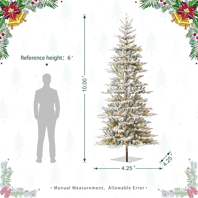 Glitzhome 10ft Deluxe Pre-Lit Flocked Artificial Christmas Tree, Majestic Frostfall Fir Hinged Holiday Xmas Tree with 700 Warm White Lights, Three Function, Easy Assembly
