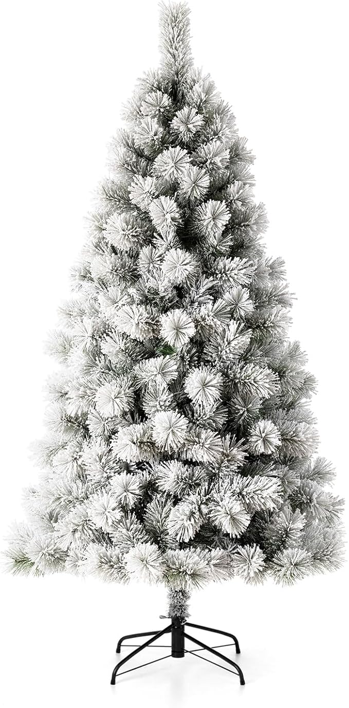 Glitzhome 6ft Pre-Lit Flocked Pencil Pine Artificial Christmas Tree with 300 Warm White Lights and Foldable Metal Stand for Home, Office, Party Decoration, Easy Assembly
