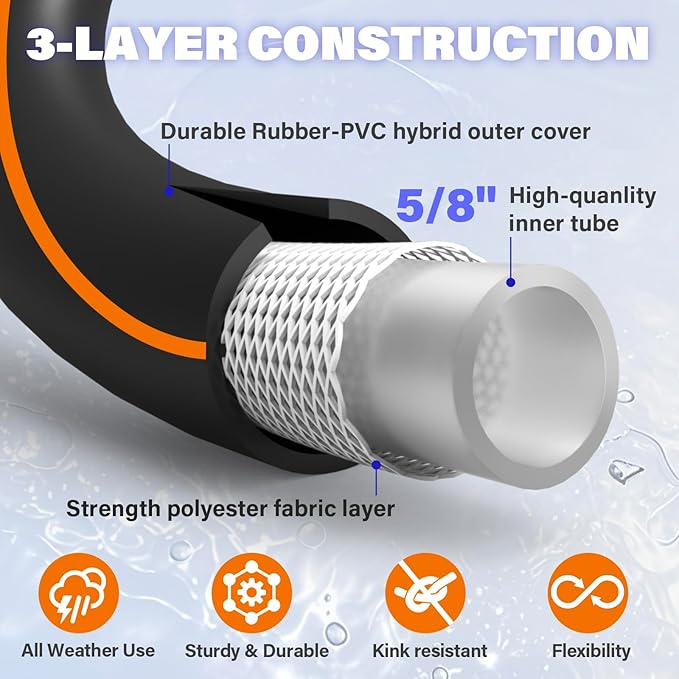 FLATO Garden Hose 5/8" x 50FT, Light Weight and Flexible, All Weather Use, Hybrid Polymer Water Hose with Brass Fittings, for Yard, Outdoor, Lawn (Black, Orange stripes)