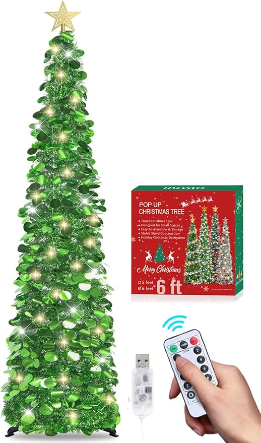 HMASYO 6 FT Pop Up Christmas Tree with 100 LED Lights & Remote, Green Christmas Tinsel Tree, Collapsible Artificial Pencil Tree for Home Office Party Decor, USB Powered Timer Lights, Easy Assembly