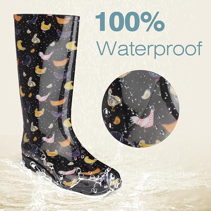 DaeRainy Tall Rain Boots for Women, Knee High Waterproof Slip On Garden Boots