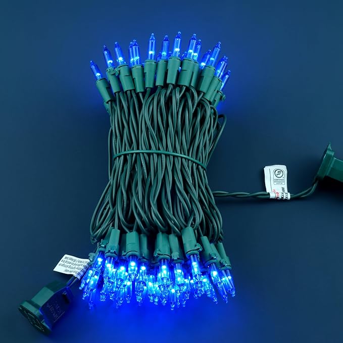 YULETIME 100 Count Blue Christmas Lights, 33 Feet Green Wire UL Certified Incandescent-Like LED Mini String Lights