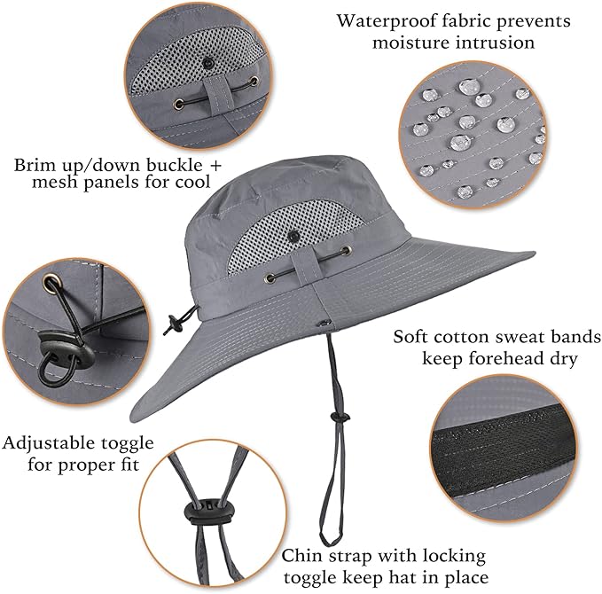 Wide Brim Fishing Sun Hat for Men Women, UPF 50+ Waterproof Bucket Boonie Hat Hiking Camping Safari Garden Beach