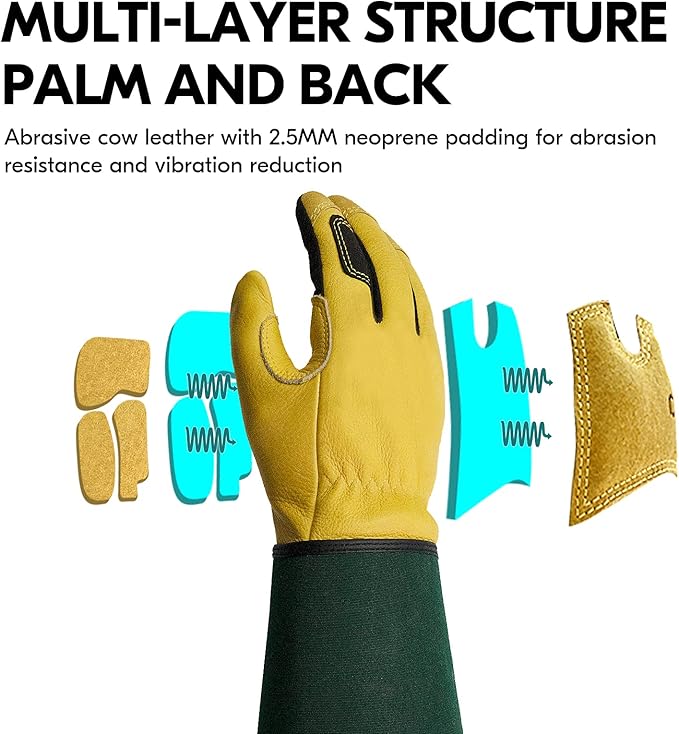 Vgo... Safety Work Gloves Men,Extra-long Cuff, Cow Grain Leather,Puncture-proof, Thornproof, Durability, Touchscreen,Gardening (1 Pair,Size M, Golden Green, CA7472)