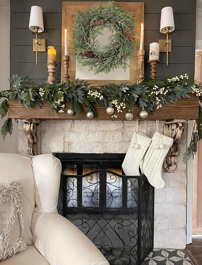 18 inch Christmas Wreath, Small Christmas Wreath for Front Door Christmas Door Wreaths Norfolk Pine Wreath with Frosted Pine Cones Cedar Aritificial Wreath for Christmas Indoor Outdoor Decorations