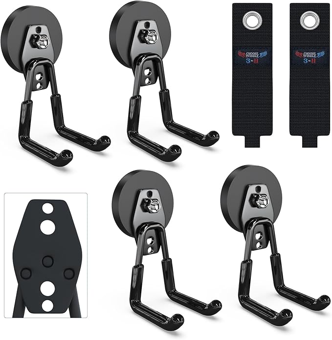 3-H Heavy Duty Magnet Garage Hooks 4 Pack, Large Strong Magnetic Hooks for Hanging Cordless Power Drill, Utility Magnetic Tool Holder for Metal Cabinet, Steel Pegboard, Toolbox, Garage(Black)