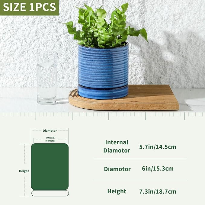 Hasense Plant Pot, 6 Inch Ceramic Kitchen Garden Pot for Plant with Drainage Hole and Tray, Indoor/Outdoor Succulent Herb Planter, Modern Blue Home Office Decorative Gifts