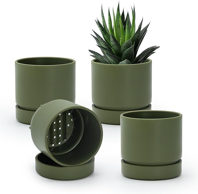 Phoenix Vine 4 Inch Planter Pot with Drainage Hole & Saucer, Deep Water Catch Tray, Straight Cylindrical Round Pot for Plants, Olive, Pack of 4, 23-F-R-4
