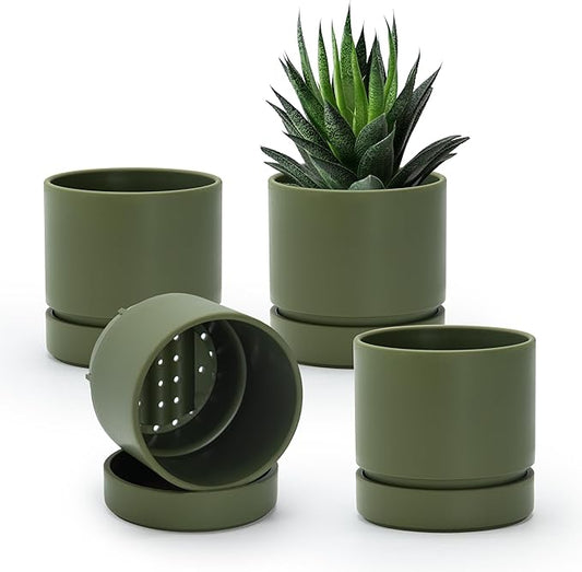 Phoenix Vine 4 Inch Planter Pot with Drainage Hole & Saucer, Deep Water Catch Tray, Straight Cylindrical Round Pot for Plants, Olive, Pack of 4, 23-F-R-4