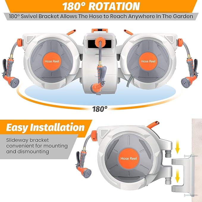 Retractable Garden Hose Reel 5/8 in x 100 Ft, EliteEdge Wall Mounted Garden Hose Reel, with 9 Function Sprayer Nozzle, Any Length Lock, Lock/Automatic Slow Return System, 180° Swivel Bracket