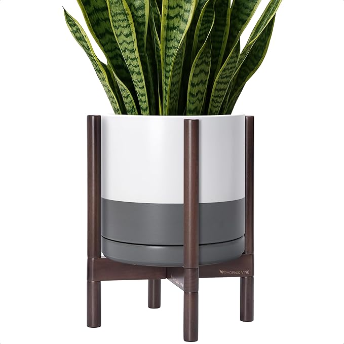 D'vine Dev Ceramic Planter with Walnut Color Stand - 12 Inch Modern Round Flower Pot with Wood Planter Holder, White/Grey, 55-B-W-6