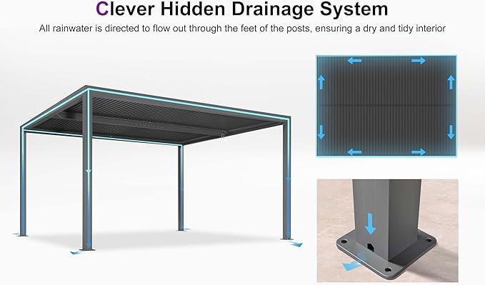 PURPLE LEAF Louvered Pergola 12' x 14' Outdoor Retractable Modern Hardtop Full Aluminum Pergola with Adjustable Rainproof Roof and 24 White LED String Lights for Patio Deck Backyard Slate Grey