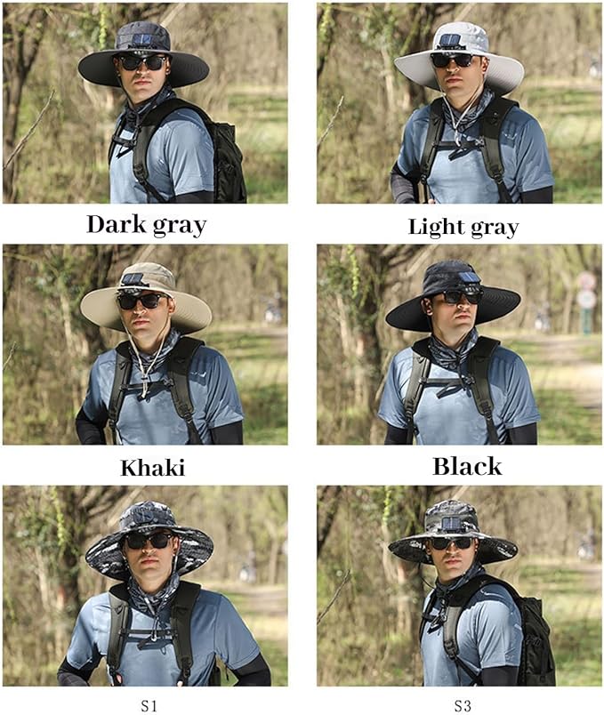 Solar Fan Hat, Wide Brim Sun Hat with 2 Solar Fan Large, USB UPF 50+ Fishing Cap with Fans Built in for Men Women