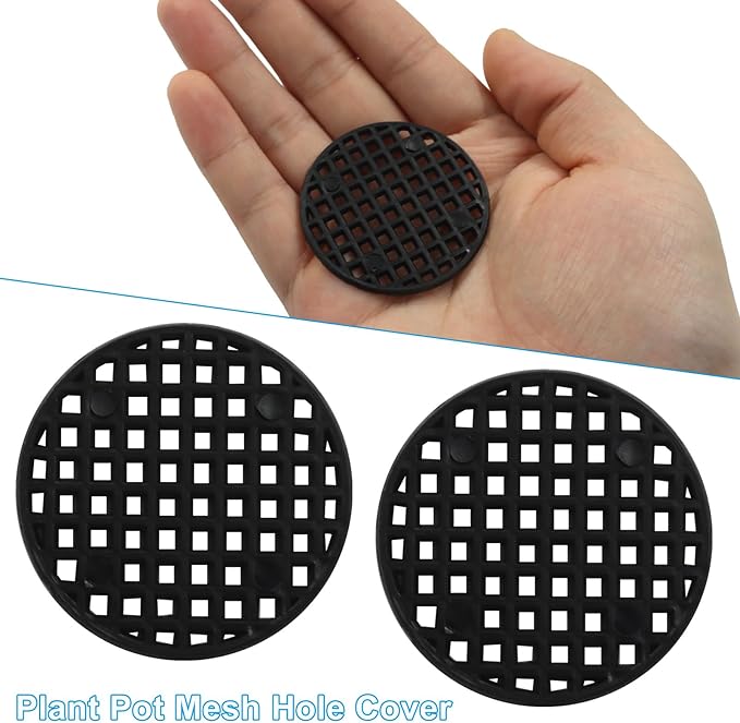 100pcs Plant Drainage Mesh Pads - 1.8 Inch Round Plastic Grid Mat, Breathable Soil Guard for Potted Plants, Bonsai (Black)