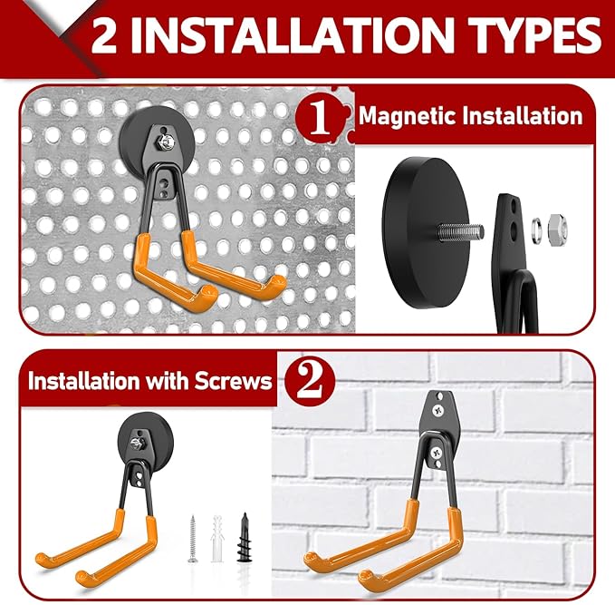 3-H Heavy Duty Magnet Garage Hooks 2 Pack, Extra Large Strong Magnetic Hooks for Hanging Cordless Power Drill, Utility Magnetic Tool Holder for Metal Cabinet, Steel Pegboard, Toolbox, Garage(Orange)