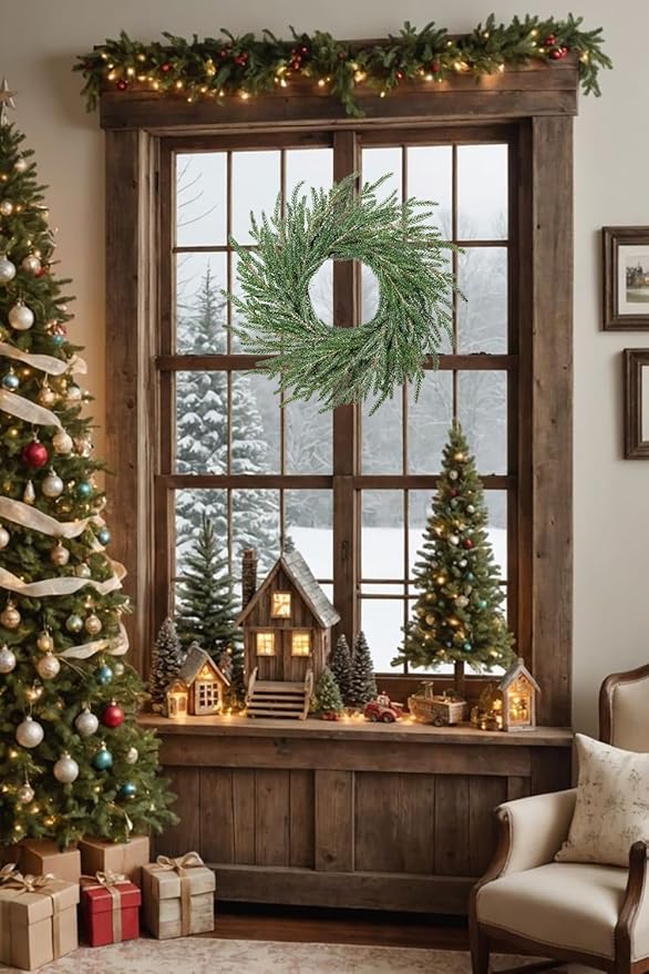 Norfolk Pine Wreath, 16 inch Christmas Wreath for Front Door Christmas Door Wreaths Artificial Pine Green Wreath for Wall Window Mantle Indoor Outdoor Christmas Decorations