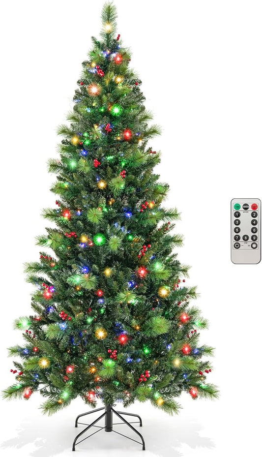 HOMGX 7ft Pre-Lit Christmas Tree with 400 Multi-Color LED Lights, Hinged Xmas Pine Tree w/ 974 PVC Branch Tips, 36 Red Berries, Remote & Timer, 9 Lighting Modes Artificial Christmas Tree