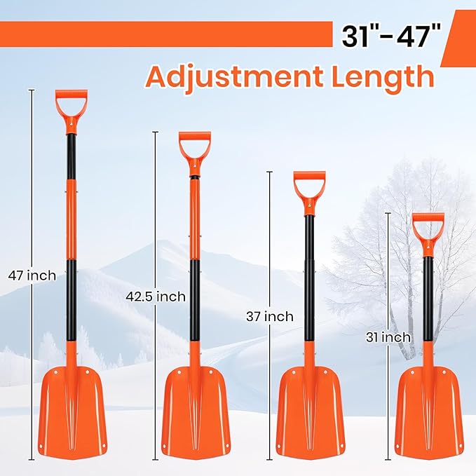 Telescoping Snow Shovel for Car Emergency & Driveway, 31"-47" Extendable Aluminum Shovel with D-Grip, Heavy Duty Shovel for Snow Removal, Gardening & Camping