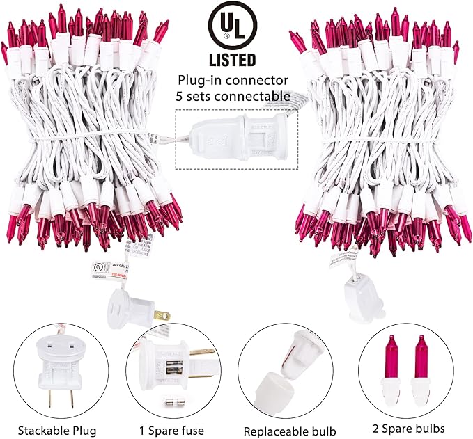 Christmas Pink Mini String Lights - 100 Count 25 Feet Detachable Incandescent Bulb Waterproof Fairy Lights Plug in for Indoor Outdoor Party Patio Xmas Tree Valentine's Day Decoration, White Wire