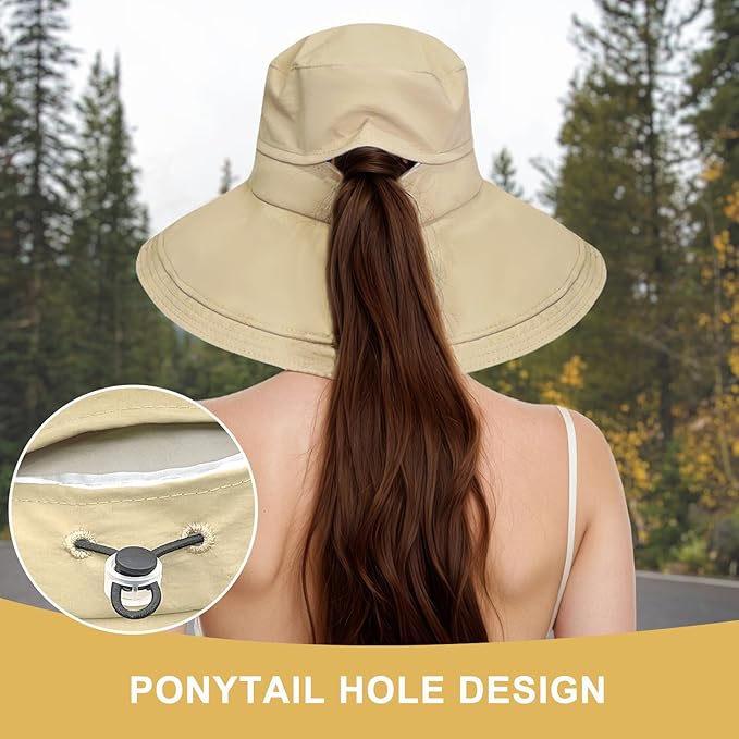 Sun Hats for Women Wide Brim Ponytail UV Protection Beach Hat Packable Waterproof Bucket Hat for Travel Hiking Gardening