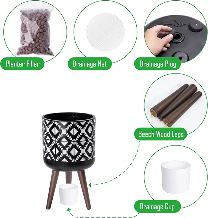 D'vine Dev 10 Inch Planter Pot with Stand, Mid-Century Tall Plant Pot with Legs for Indoor Plants, White/Black, 88-G-B-4