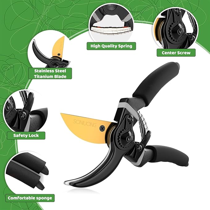 Pruning Shears for Gardening,Garden Shears,Garden Clippers,Gardening Shears,SK5 Steel Hand Pruners,Garden Scissors Heavy Duty Tool with Soft Cushion Grip Handle and Sharpening stone