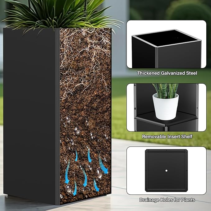 Tall Black Planter 28" Metal Square Large Plant Pots for Indoor Outdoor-Modern Tall Flower Pots for Porch, Patio, Deck, Commercial & Residential(14" Lx14 Wx 28" H)