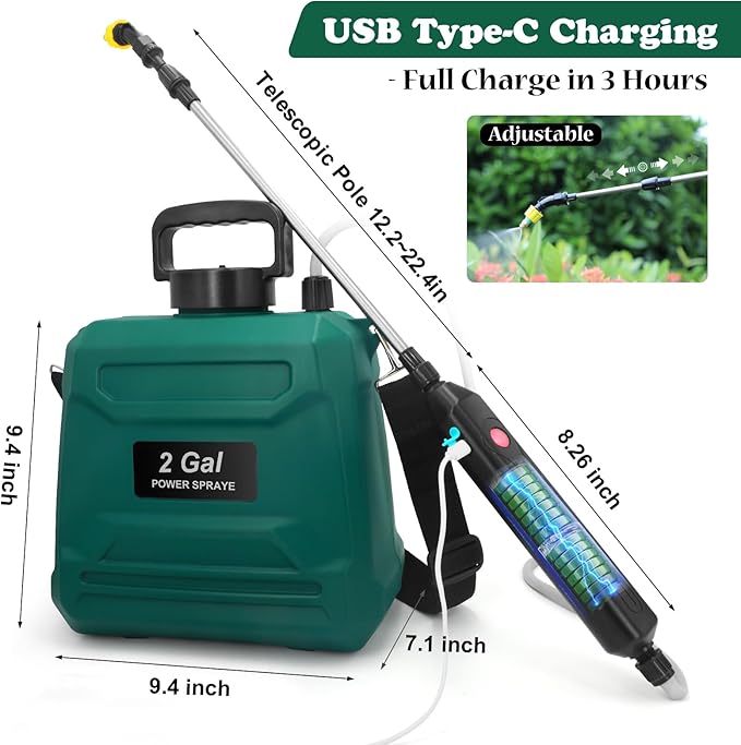 Battery Powered Sprayer 2 Gallon, Powerful Electric Garden Sprayer with 3 Mist Nozzles, USB Rechargeable Handle, Retractable Wand and Adjustable Shoulder Strap for Irrigation, Weeding (Green)