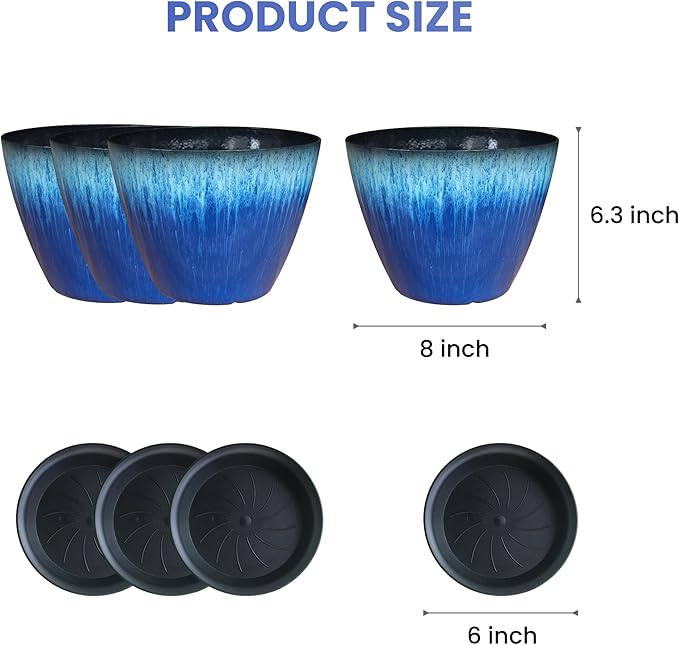 8 inch Plant Pots with Drainage Holes, Pack of 4 Plastic Flower Pots Indoor, Modern Glossy Finishing Planter for Indoor Outdoor Plants (Blue Glaze, 4 Pack)