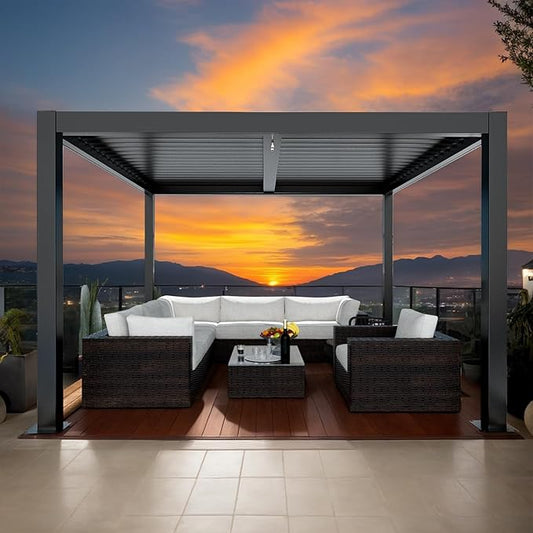 LVUYOYO Outdoor Louvered Pergola 10' x 10', Aluminum Pergola with Adjustable Roof, Waterproof Metal Gazebo for Patio, Backyard, Garden, Deck (Black)