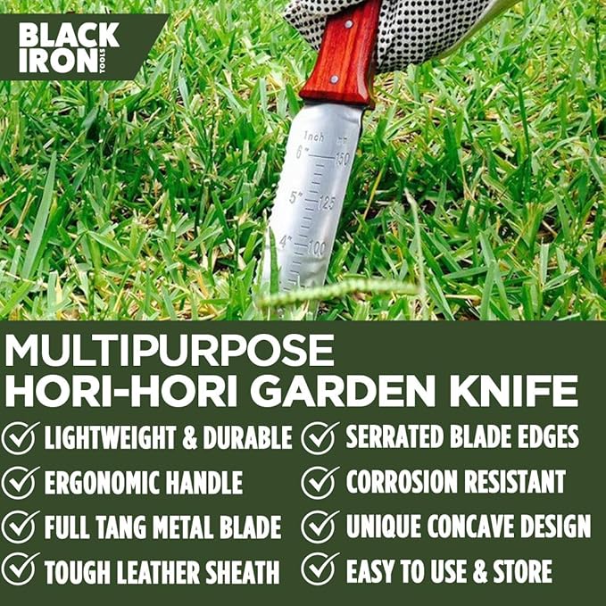 Hori Hori Garden Knife [7 Inches, Japanese Stainless Steel] Durable Gardening Tool for Weeding, Digging, Cutting & Planting with Leather Sheath and Sharpening Stone