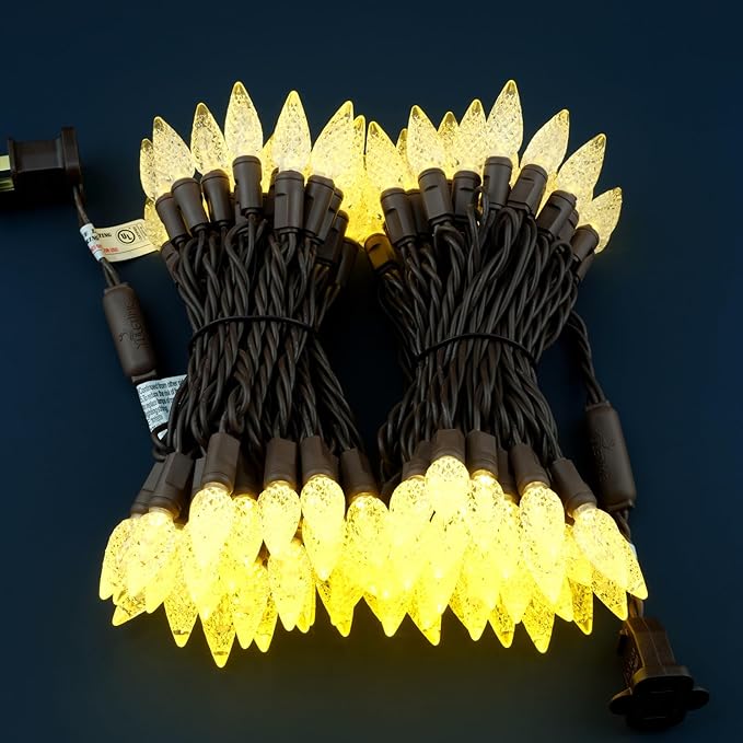 YULETIME Warm White C6 Strawberry LED Christmas Lights, 33 ft 100 Count 4" Spacing One-Piece High Waterproof UL Certified String Light (Warm White - Brown Wire)