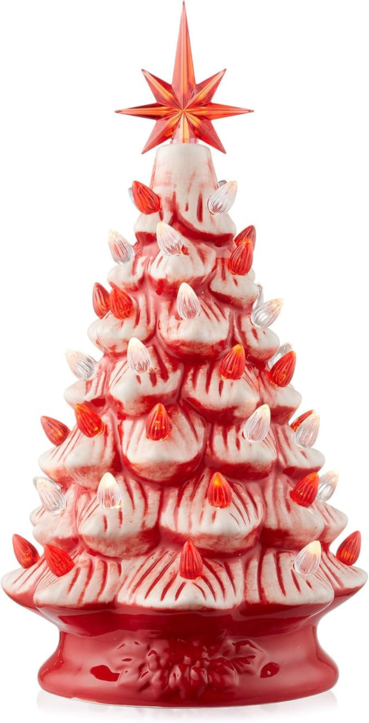 Casafield Hand Painted Ceramic Christmas Tree, Red and White Peppermint 12-Inch Pre-Lit Tree with 100 Multi Color Lights and 2 Star Toppers