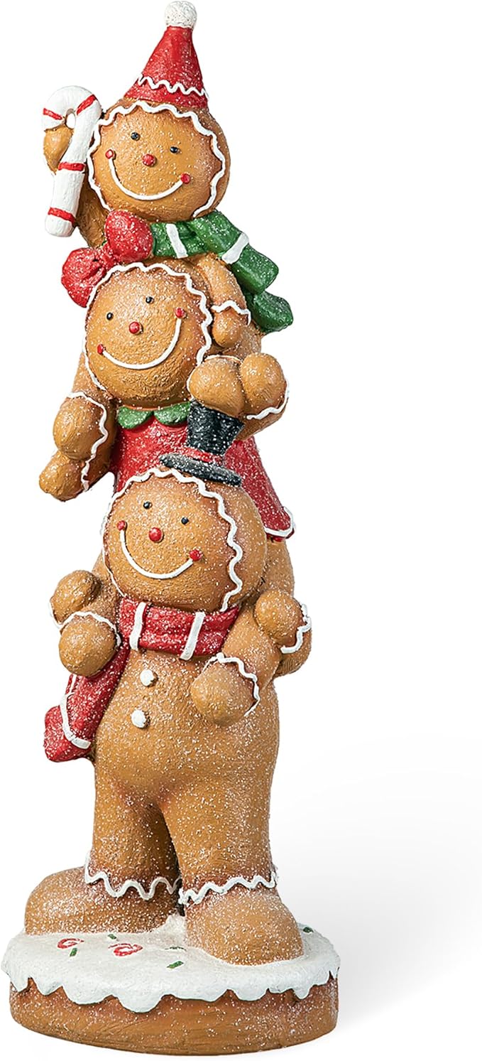 Glitzhome 29.25"H Christmas MGO Stacked Gingerbread Man Porch Decor, Xmas Winter Patio Front Porch Indoor Outdoor Home Standing Decor