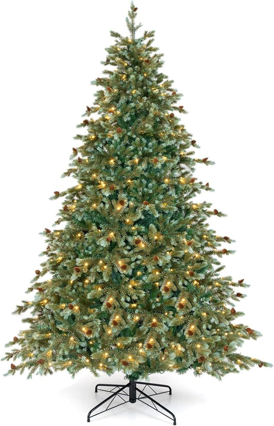 GOFLAME 7FT Pre-Lit Christmas Tree, Artificial Xmas Tree with 846 Branch Tips, 69 Pine Cones, 340 Warm White LED Lights, 8 Lighting Modes, Holiday Decoration Tree for Home, Shop & Office