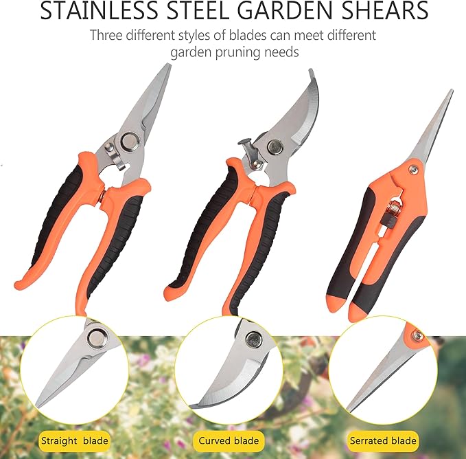 Pruning Shears Gardening Scissors Tools: 3pcs Outdoors&Indoor Garden Clippers, Rose Snips, Plant Clippers, Wood Pruner, Gardener Work Accessories for Flower Arrangement, Yard Landscaping (Orange)