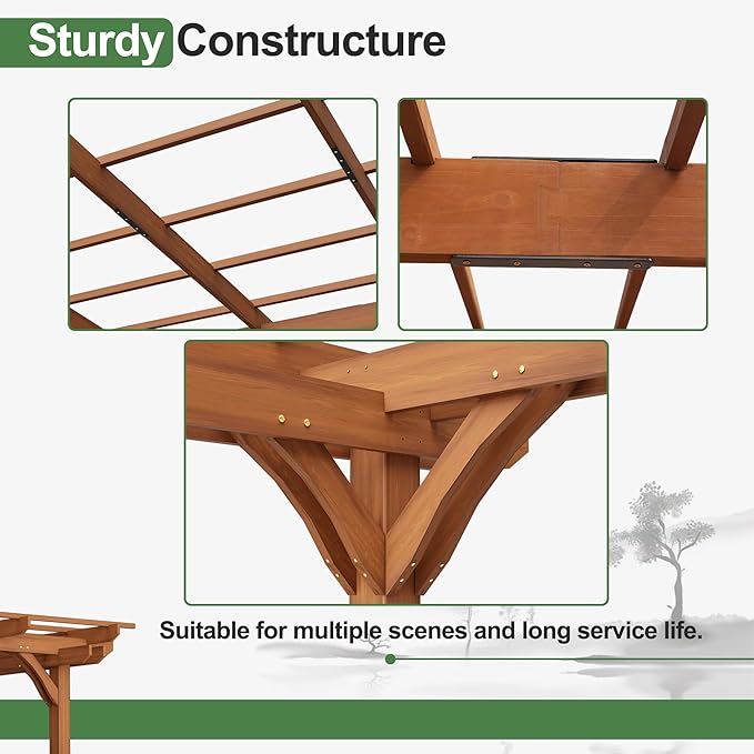 12' x 10' Outdoor Wood Pergola, Wooden Patio Pergola Gazebo Sunshade for Climbing Plant Support, Garden, Patio, Backyard, Deck, Brown