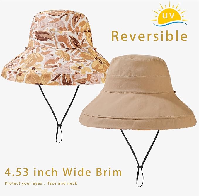vidsel Womens Sun Hats Wide Brim Reversible Bucket Cotton Hat Packable Summer Travel Cap with Hat Clip,UV Protection
