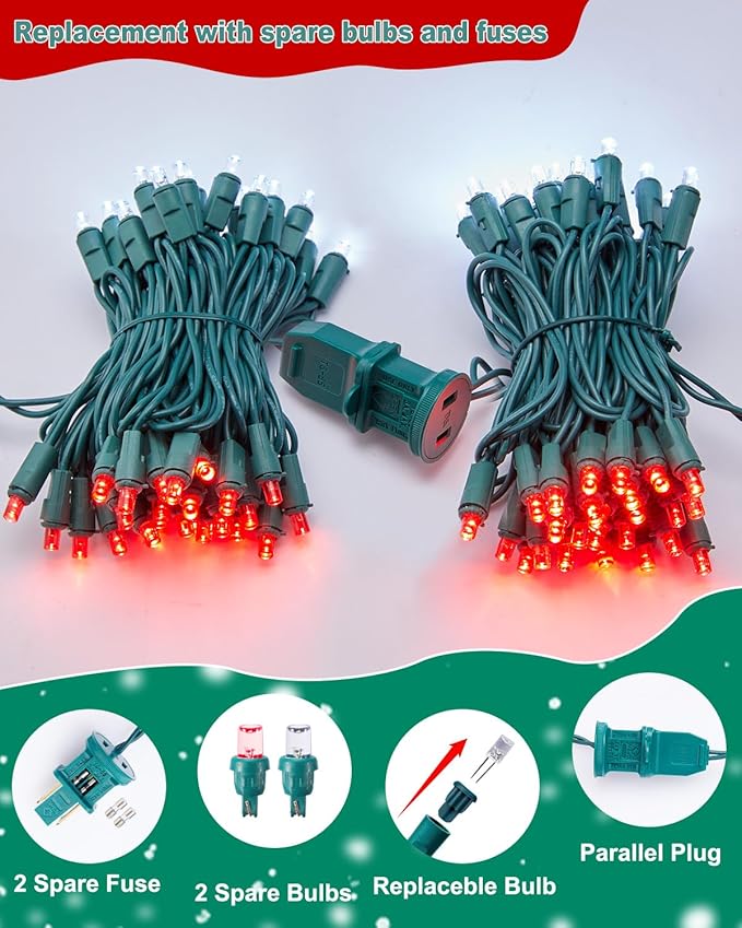 LED Christmas Mini String Lights, 14 Feet 50LEDs F5 Red White Mini Lights, Connectable Christmas Tree Lights for Wreath Garland Holiday Party Wedding Outdoor Indoor Christmas Decoration, Green Wire