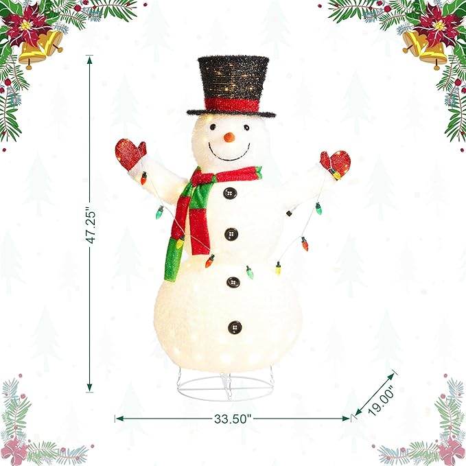 Glitzhome 4FT Lighted Christmas Snowman, 3D Foldable Fabric Outdoor Snowman Decor with Colorful Bulbs Holiday Lawn Ornament Yard Decoration Outdoor and Indoor use Long-Lasting, 160 Warm White LED