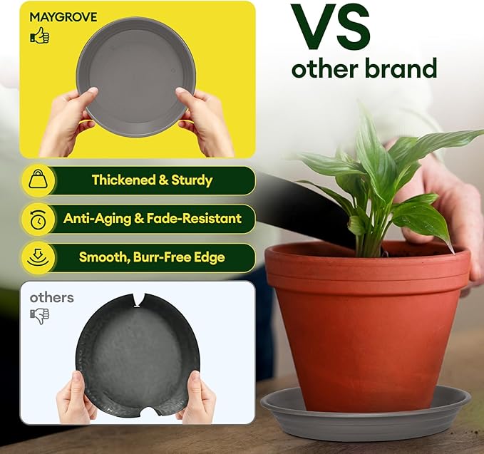 6 Pack Plant Saucer, 8 10 12 inch Plant Saucers for Indoor, Heavy Duty Plastic Plant Trays for pots, Grow Bags, Bird Baths, Flower Drip Trays for Indoor and Outdoor Uses (10", Gray)