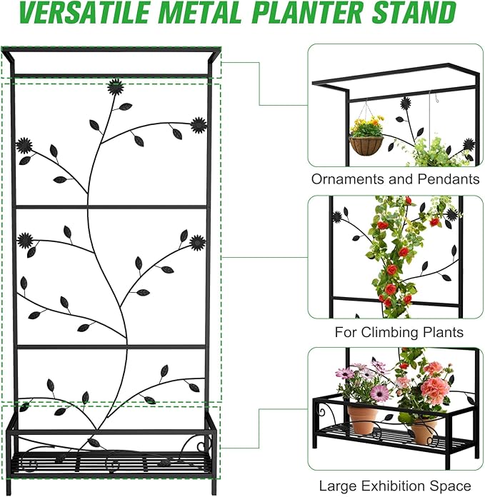MOTION Metal Planter with Trellis - Raised Bed with Trellis for Vine Climbing Plants Flowers, 74.6 Inch Height Privacy Screen with Hanging Plant Pot Shelf, Black
